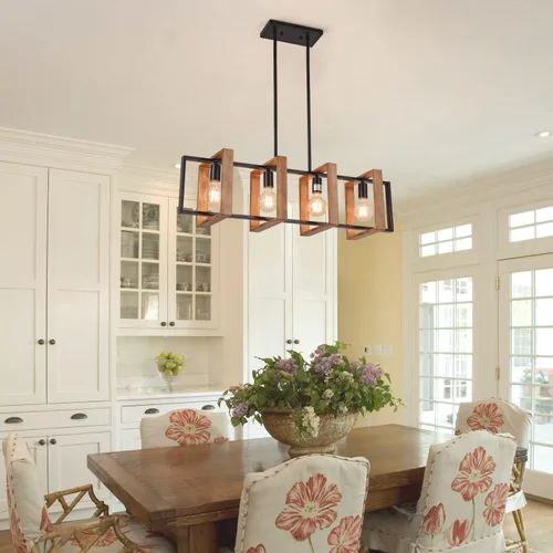 Miniatura 3 de Lámpara colgante de comedor de granja, para isla de cocina, rústica, 4 luces, madera y metal negro, lámpara rectangular para colgar en el techo