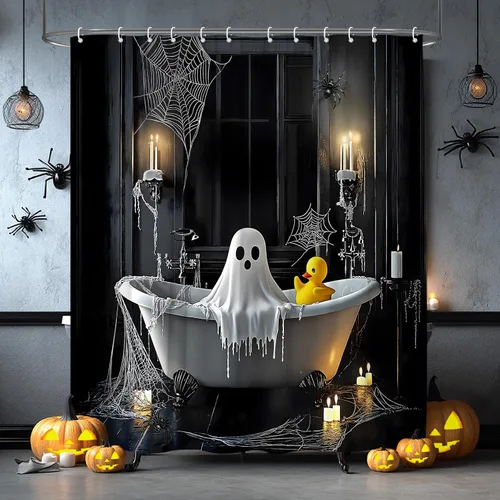 Cortina de ducha de fantasma de Halloween, bañera de terror espeluznante, ventana gótica, telaraña, noche aterradora, decoración de baño, cortina de