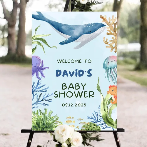 Miniatura 10 de Letrero de bienvenida personalizado para baby shower, lazo azul, niño, cinta de acuarela, minimalista, PVC, 18 x 12 pulgadas, tamaño completo