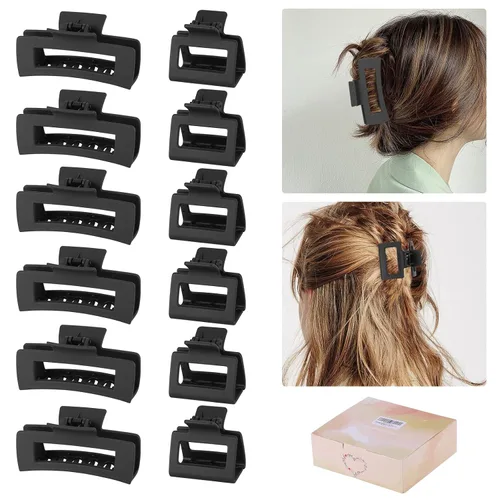 Juego de accesorios rectangulares para el cabello para mujeres y niñas, 6 clips grandes para cabello grueso, 6 clips pequeños para cabello fino Negro