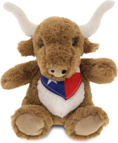 DolliBu Texas Longhorn - Lindo animal de peluche de animales de granja con bandana de bandera de Texas, juguete de vaquero de Texas de cuerno largo
