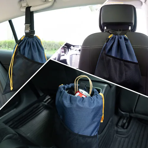 Miniatura 7 de GNEGNI 2 botes de basura para automóvil, bolsa de basura colgante para automóvil con forro impermeable a prueba de fugas Azul