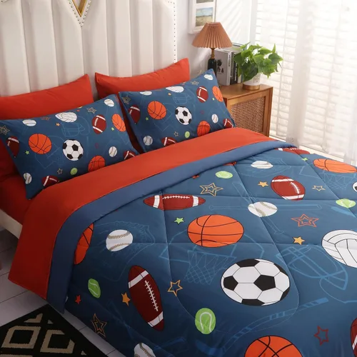 Miniatura 3 de Juego de edredón deportivo de pelota azul, tamaño individual, juego de ropa de cama de béisbol, baloncesto, fútbol, tenis para adolescentes y niños