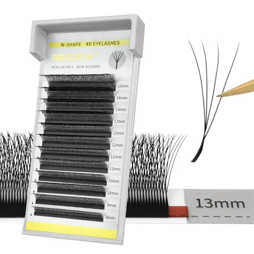 Miniatura 25 de Extensiones de pestañas 3D, rizo LU/M de 0.003 in, MIX8-0.591 in, 12 filas por bandeja, tallo plano en forma de W, injerto de pestañas natural PBT