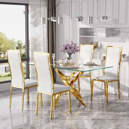 Miniatura 39 de Juego de mesa de comedor de cristal dorado moderno de 63 pulgadas para 6, juego de mesa de cocina rectangular de 7 piezas con patas de acero Negro