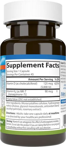 Miniatura 2 de Carlson - Super D3 + K2, 125 mcg (5000 UI) de vitamina D3, 90 mcg de vitamina K2 como MK-7, soporte óseo, absorción de calcio, 45 cápsulas