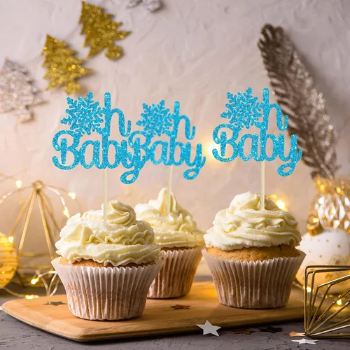 Miniatura 5 de Gyufise Paquete de 24 adornos de copos de nieve Oh Baby para cupcakes con purpurina azul Frozen Oh Baby Pick Decoraciones para baby shower