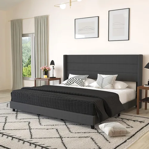 Miniatura 17 de Merrick Lane Percy - Cama de plataforma moderna, lino sintético beige, tamaño Queen, cabecero acolchado con respaldo con alas cosidas de canal
