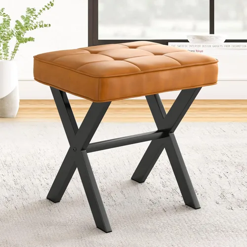 Miniatura 14 de LUE BONA Taburete de tocador blanco, asiento cuadrado de piel sintética con patas en X de metal, pequeña silla otomana para sala de maquillaje, sala