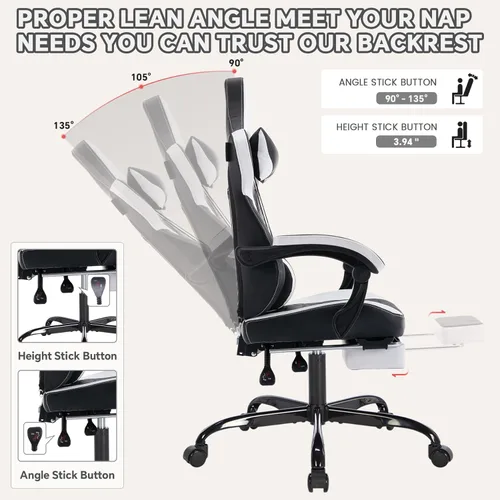 Miniatura 4 de Cómoda silla de oficina con reposapiés y soporte lumbar, estilo carreras, ajustable, giratoria de 360°, silla de juegos con reposacabezas