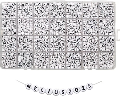 Miniatura 8 de Melius Cuentas de letras acrílicas negras con cuentas redondas negras y naranjas, 1450 cuentas redondas del alfabeto en caja de 28 cuadrículas