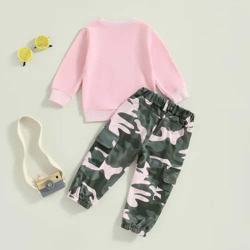 Miniatura 56 de Mandizy Conjunto de ropa de otoño para bebé niña pequeña, sudadera de manga larga con estampado de letras bendecidas, pantalones de camuflaje