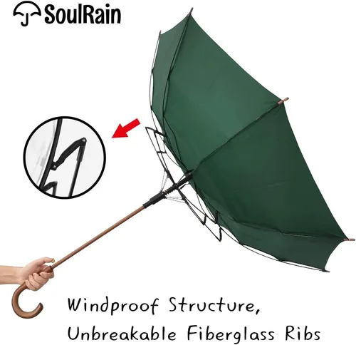 Miniatura 5 de SoulRain Paraguas de arco clásico con mango de madera de 48 pulgadas, apertura automática, resistente al viento, irrompible, paraguas de lluvia