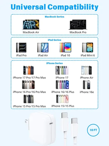 Miniatura 7 de Cargador de aire para MacBook de carga rápida, Apple 30 W, adaptador de corriente USB C extralargo cable USBC de 10 pies compatible con MacBook Pro