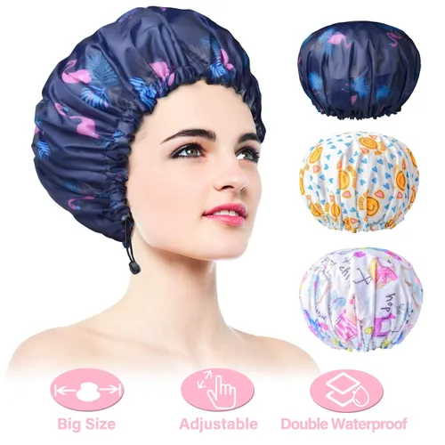Miniatura 13 de 1 pieza de gorro de ducha, gorro de baño de doble capa y ajustable para la ducha, gorro de pelo extragrande reutilizable para mujer, exterior