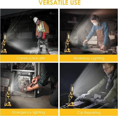 Miniatura 7 de OTYTY Luz de trabajo LED inalámbrica, compatible con batería DeWalt 20V Max, linterna recargable de 30W 2000LM, luz de inundación portátil, cabezal