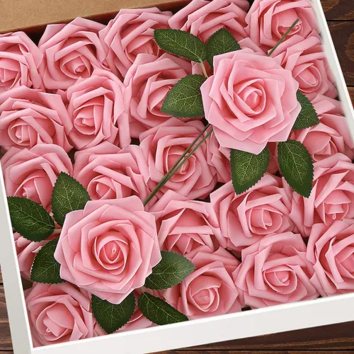 Miniatura 43 de Higfra Flores artificiales, 25 rosas falsas de espuma de aspecto real con tallos para ramos de boda, centros de mesa de despedida de soltera, Brillo
