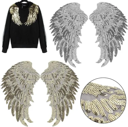 Miniatura 8 de Parche de tela de alas de ángel de lentejuelas, 4 pares de parches de lentejuelas bordados, apliques bordados para planchar para chaquetas