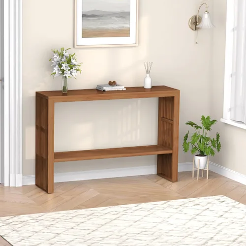 Miniatura 7 de Mesa de consola de madera de bambú 47.2" Mesa de entrada, mesa de sofá estrecha de granja de 2 niveles con estante de almacenamiento, mesa de sofá