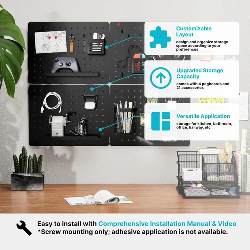 Miniatura 4 de PEGZONE Kit de combinación de organizador de pared de tablero perforado, en total 33.1 x 25.4 pulgadas, tablero de clavijas de metal para oficina