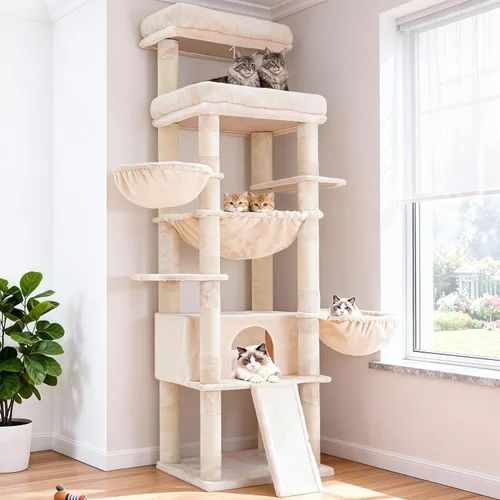 Hey-brother Torre de árbol para gatos, postes rascadores con plataforma y cesta extra grande, condominio especial, 2 hamacas acogedoras, tabla de