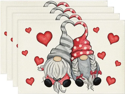 Artoid Mode Juego de 4 manteles individuales con diseño de gnomos y corazones de San Valentín, 12 x 18 pulgadas, para boda, aniversario, primavera,