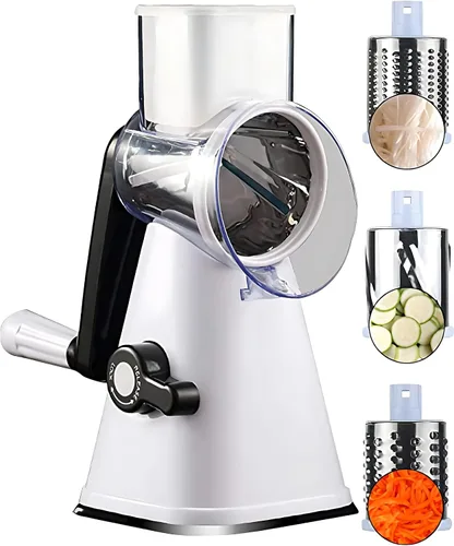 Rallador rotativo de queso, rebanador de verduras de mandolina de cocina con 3 cuchillas intercambiables, fácil de limpiar rallador giratorio para