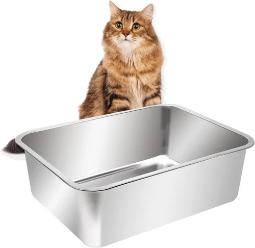 Miniatura 11 de Kichwit Caja de arena para gatos de acero inoxidable, bandeja de arena para gatitos, bandeja de arena de metal para gatos, superficie lisa