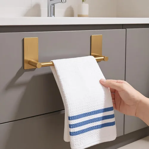 Miniatura 6 de Songtec Barra de Toalla Dorada de 9 Pulgadas, Toallero Adhesivo para Baño Sin Taladro, Soporte de Toalla con Montaje de Cinta de Adhesión Fuerte