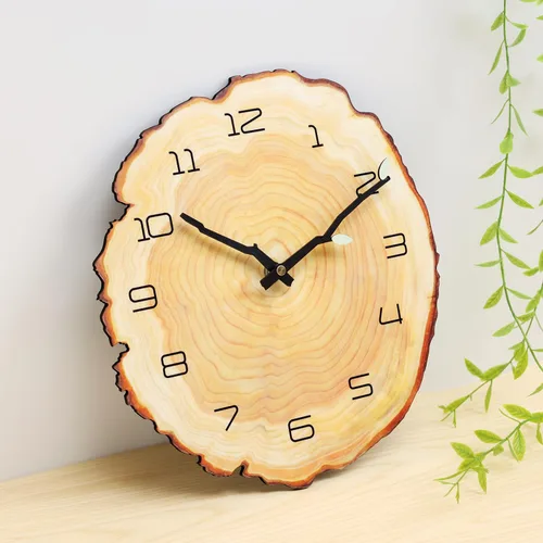 Miniatura 3 de Reloj de pared anual de 12 pulgadas, reloj de tocón de grano de madera con números arábigos, funciona con pilas, movimiento de cuarzo silencioso