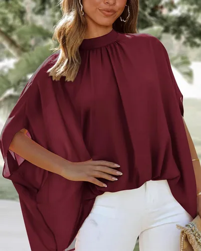 Miniatura 112 de BTFBM Blusas de verano para mujer, cuello alto falso, manga murciélago, holgadas, dobladillo alto y bajo, blusas informales de gran