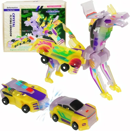 Miniatura 9 de Vehículo de juguete de dinosaurio transformador por colisión, 2 autos magnéticos que se transforman en juguetes de dinosaurio, juguetes de autos