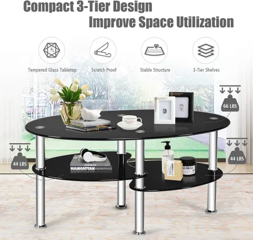 Miniatura 3 de Mesa de café de cristal S AFSTAR, mesa central de té de 3 niveles moderna ovalada de vidrio liso con estante de almacenamiento abierto, mesa