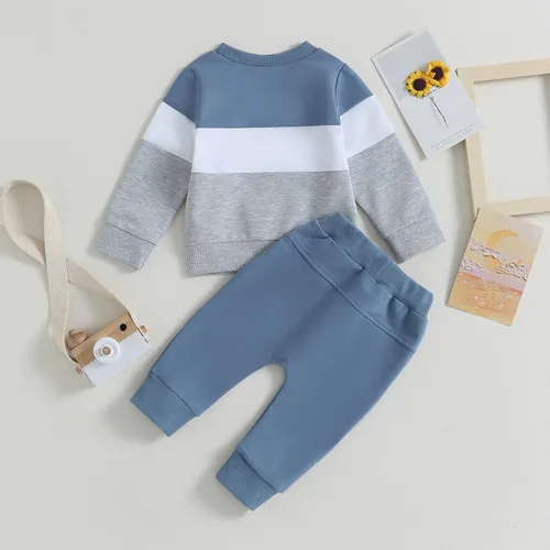 Miniatura 3 de BeQeuewll Ropa para bebé niño de otoño e invierno, 2 piezas, bloque de color, sudadera y pantalones con cuello redondo