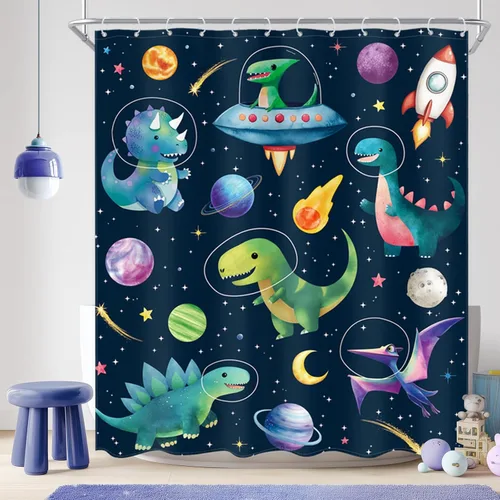 Miniatura 12 de Cortina de ducha para niños, diseño de planeta de dibujos animados, universo lindo, galaxia, espacio, luna, juego de baño para niños, estampado de A