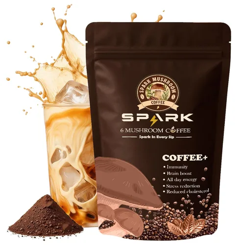 Spark - Café instantáneo orgánico de hongos USDA – 35 porciones y 7.4 onzas – 6 hongos adaptogénicos – Café instantáneo para concentración,