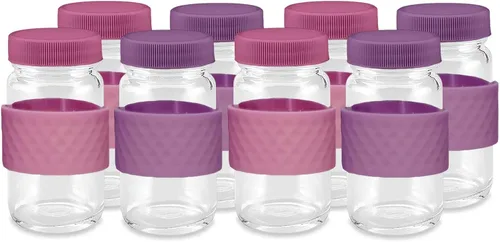 Botellas de vidrio para jugo con tapas, transparentes, 2 oz, tapas de colores y bandas de agarre de silicona, almacenamiento de bebidas, para jugos,