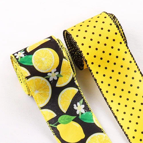 2 cintas de tela de verano, frutas, limones, cintas de decoración de puntos amarillos y negros para envolver regalos de fiesta, suministros de