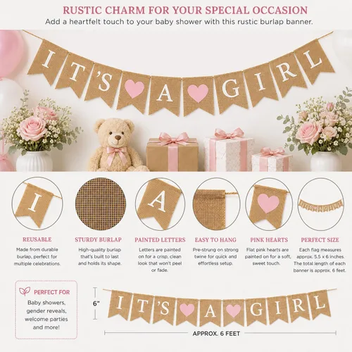 Miniatura 3 de Cartel de arpillera con texto en inglés "It's a Girl" para decoración de baby shower y fiesta de revelación de género (corazones rosa claro)