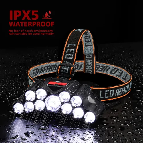 Miniatura 4 de Linterna frontal recargable, 22000 lúmenes altos, 11 luces de cabeza para frente, IPX5 impermeable, lámparas de cabeza LED súper brillantes