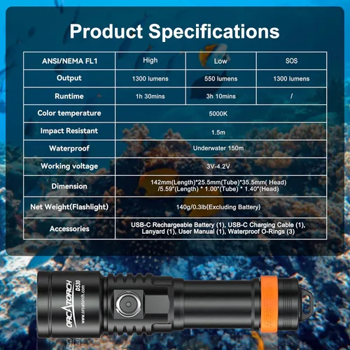Miniatura 7 de ORCATORCH D530 Luz de Buceo, 1200 Lúmenes, Ángulo de Haz Estrecho de 7 Grados, Interruptor Lateral de Aleación de Titanio, 2 Modos de Iluminación