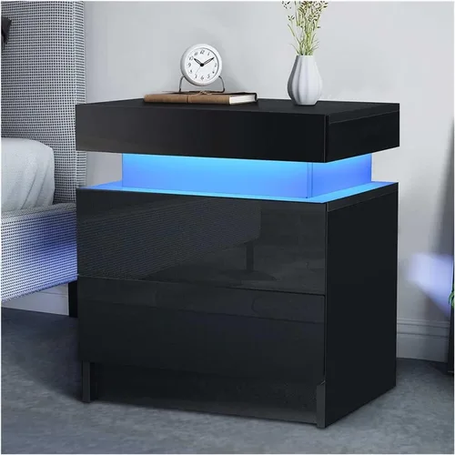 Mesita de noche de alto brillo con luz LED RGB, moderna con 2 cajones laterales, mesita de noche, mueble de dormitorio (negro/blanco) (Color negro)