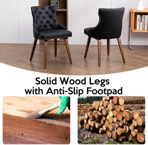 Miniatura 5 de Juego de 2 sillas de comedor tapizadas de piel sintética con botón de cabeza de clavo y patas de madera, sillón moderno de mediados de siglo