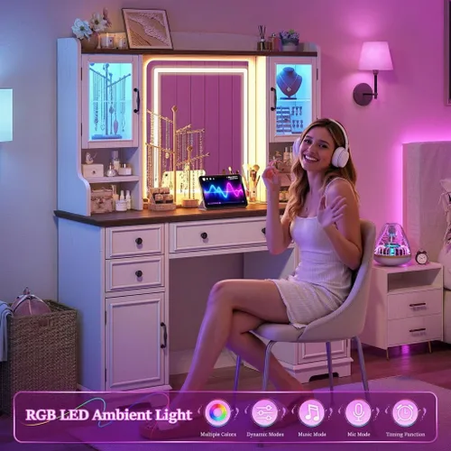 Miniatura 3 de EnHomee Escritorio de tocador con espejo y luces, escritorio de maquillaje blanco de 43 pulgadas con 5 cajones y 2 gabinetes de vidrio RGB, 3 luces