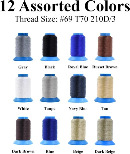 Miniatura 2 de Mandala Crafts Tamaño 69 210D T70 Hilo de nailon unido – 12 colores neutros surtidos 3600 yardas Tex 70 hilos de costura resistentes para cuero