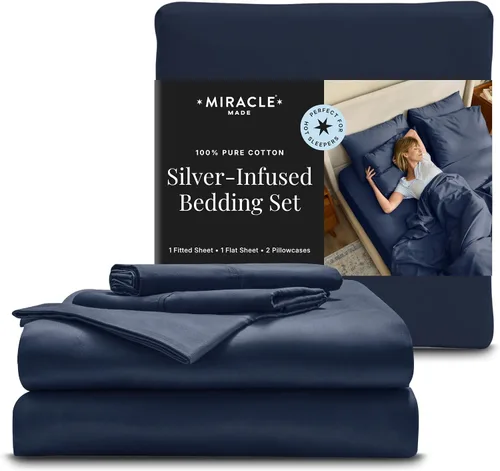 Miracle Made - Juego de sábanas de algodón transpirable, juego de 4 piezas – tratadas con plata, ropa de cama ligera suave y fresca al tacto,
