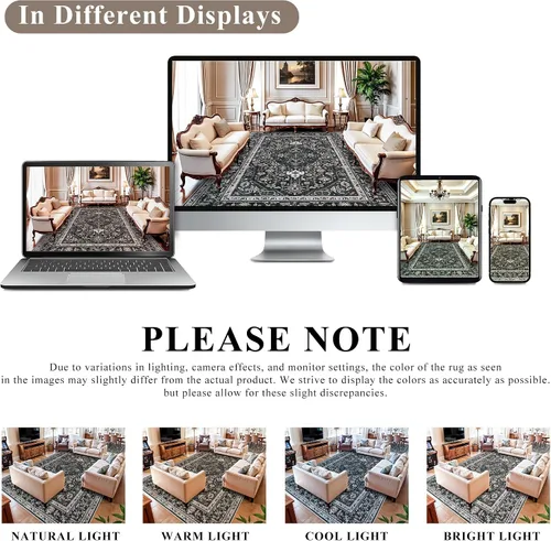 Miniatura 7 de Alfombras de área 9x12 para sala de estar: Alfombra oriental lavable de 108 pies cuadrados para dormitorio - Alfombra de pelo bajo ultra delgada