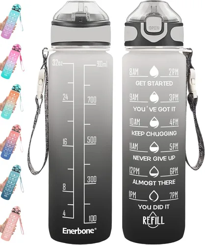 Miniatura 11 de Enerbone Botella de agua potable de 32 oz con tiempos para beber y popote, motivacional con correa para llevar, a prueba de fugas, sin BPA ni