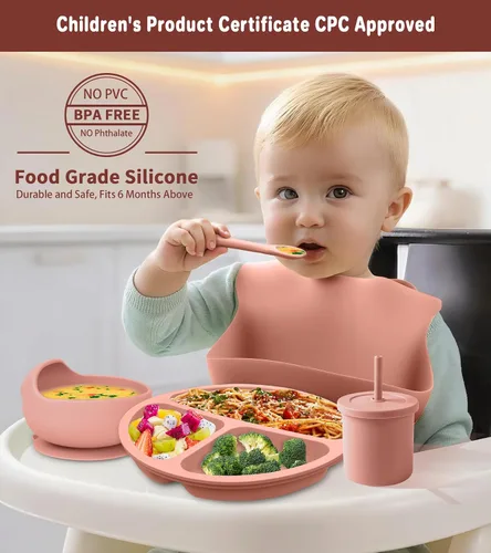 Miniatura 2 de ECLIP Juego de alimentación de silicona para bebés, 10 piezas de artículos esenciales para comer bebés con ventosa, plato dividido, babero Rojo