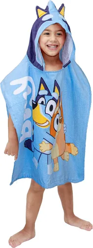 Jay Franco Bluey Piggyback - Poncho con capucha para baño/piscina/playa, toalla de algodón súper suave y absorbente, mide 22 x 22 pulgadas (producto